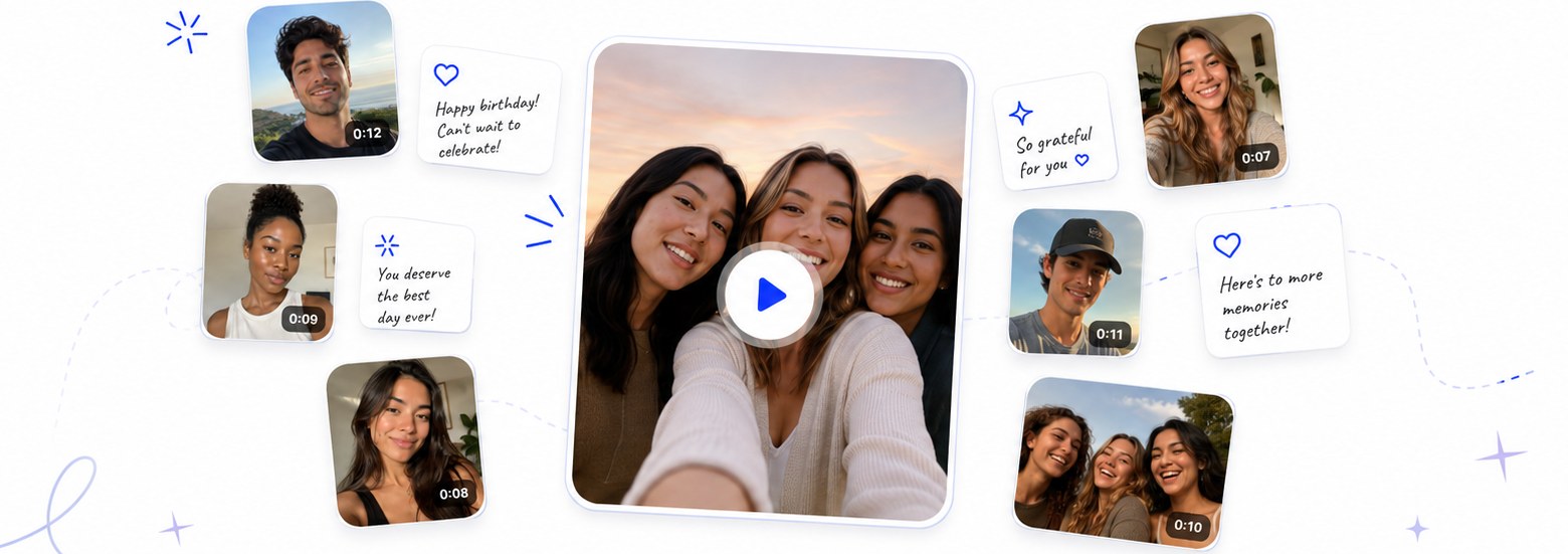 A gallery of video wishes surrounding a playing birthday message