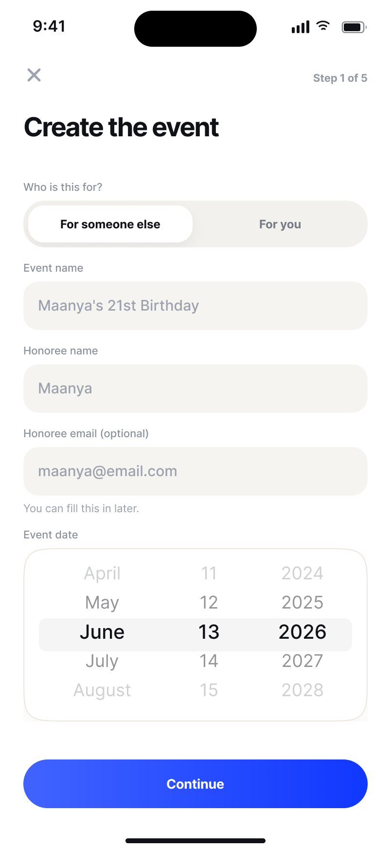 Creating an event in the Cherish app — naming the occasion, the honoree and the event date
