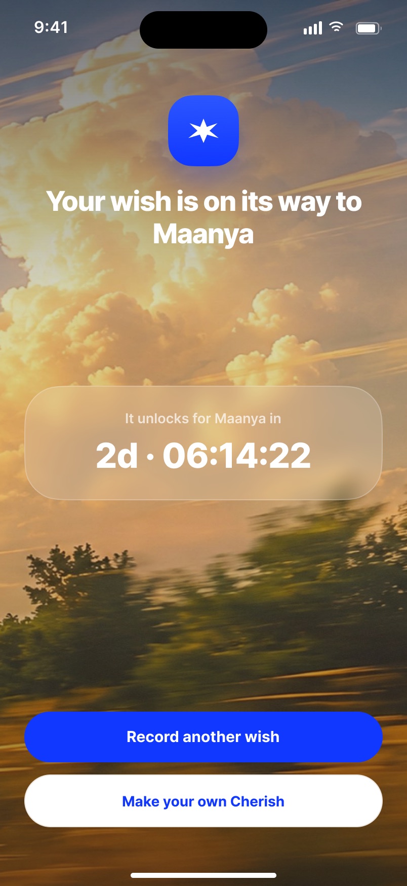Confirmation that a guest's wish was sent, with a countdown to when it unlocks