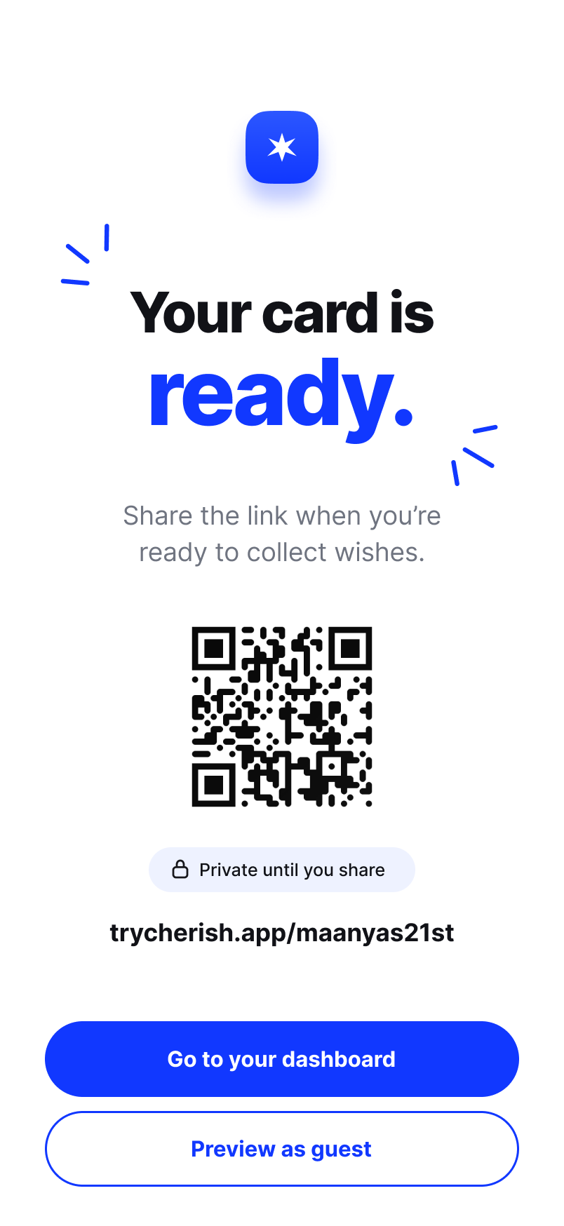 The finished Cherish card with its QR code and shareable trycherish.app link
